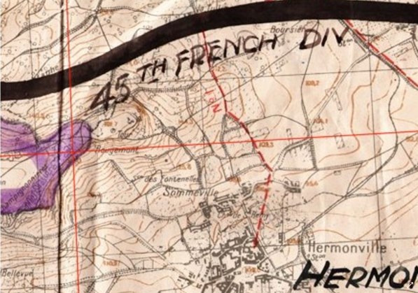 The Map Showing The Map Reference For The Original Place Of Burial. 221.2 X 289.7 Intersects North West Of The Village On A Steeply Sloping Hill Side. Note The Word 'Champignonnieres'
