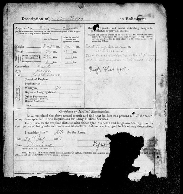 The Part Of Walter Ellis's Service Papers Referring To His Flat Feet.