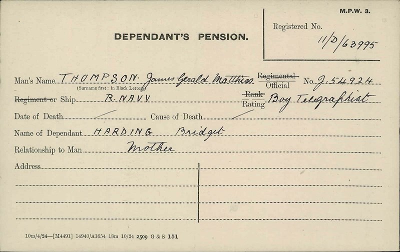 Pension Card Of James Gerald Matthias Thompson