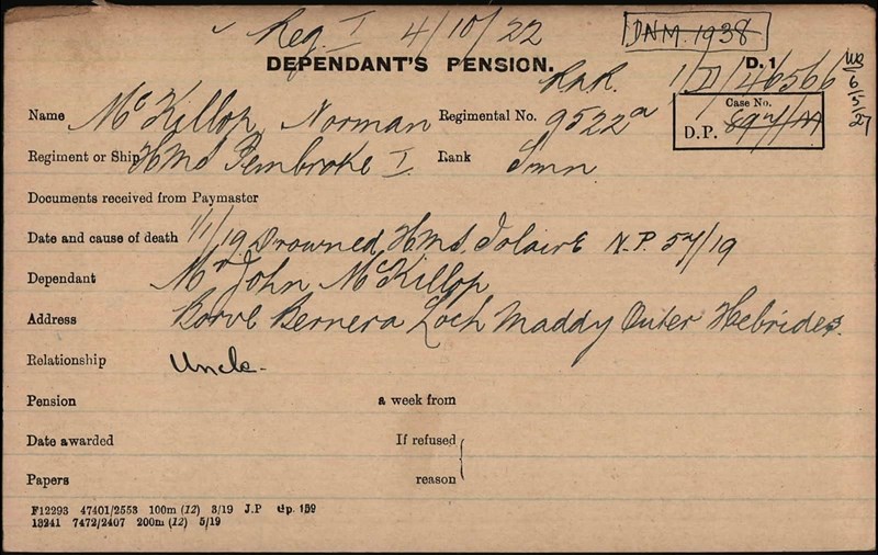 Pension Record Card Of Norman Mckillon