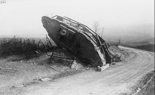 British Mark IV Female Tank 'C 51' ('Chaperone') Of 'C' Battalion, Abandoned At The Roadside Near Le Pave On The Approach To Lateau Wood. (IWM Q45410)