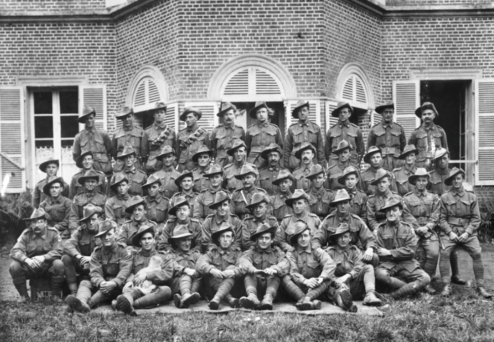 Group Portrait Of Members Of 5Th Pioneer Battalion, 5Th Division AIF Taken Outside The Chateau At Cerisy Buleux. Men Of The 5Th Australian Pioneer Battalion, November 1918