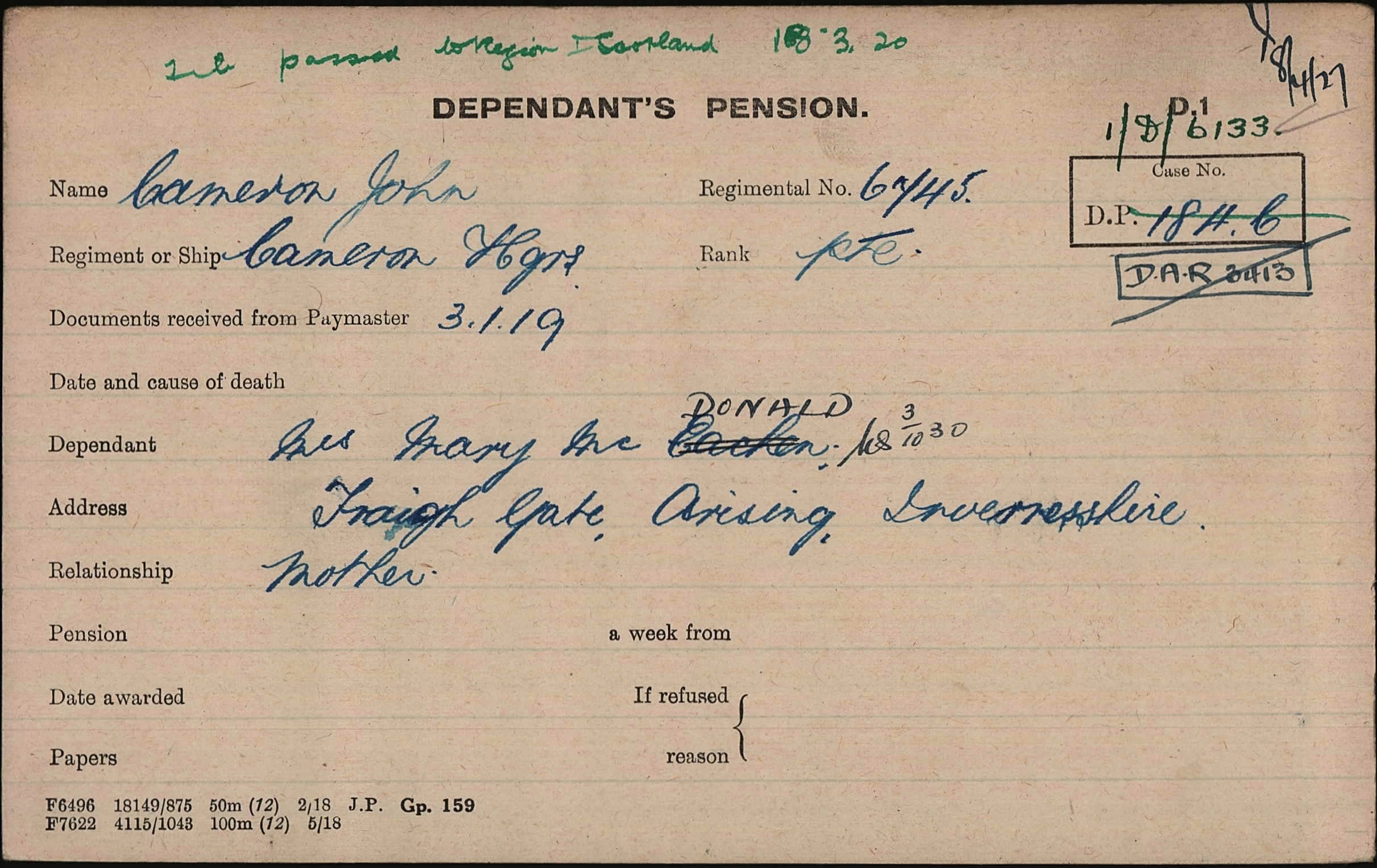 John Cameron Pension Card