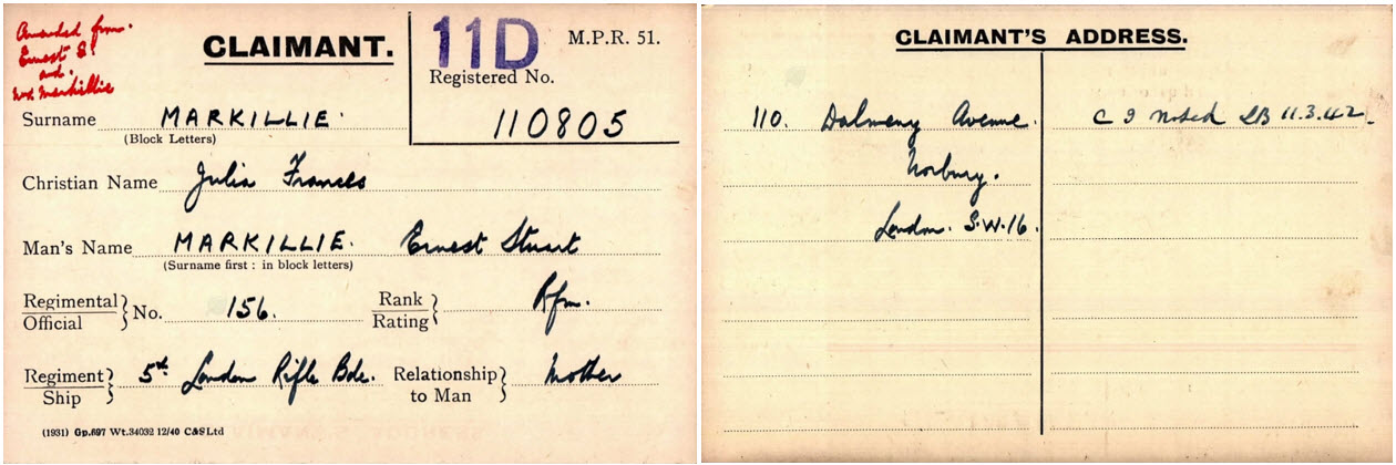 Ernest Markillie Pension Card 1