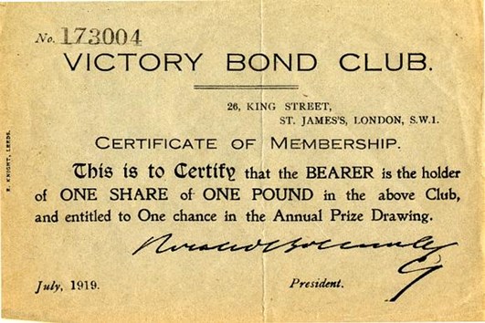 An example of the Victory Bond Club certificates that were issued. The address is Bottomley's flat