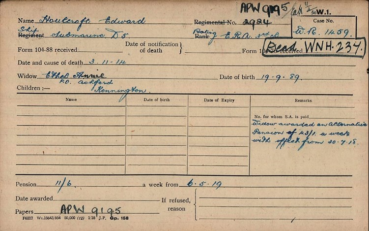 Pension Record Card For Edward Houlcroft