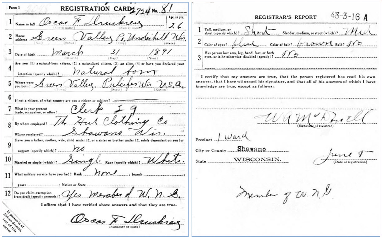 Oscar's Registration Card June 1917
