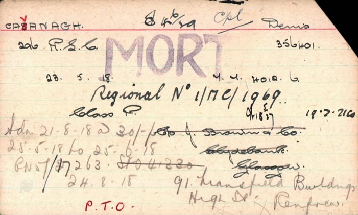 Denis Cavanagh Pension Record Card