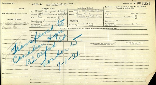 Frederick West Pension Record Card