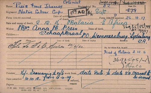 Frans Preis Pension Record Card