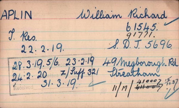 William Aplin 'Other Ranks Survived' Card