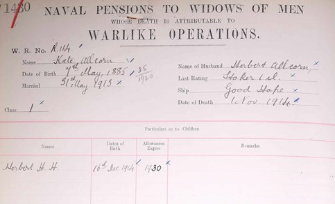 Pension Record For Herbert Allcorn's Widow's Pension Award