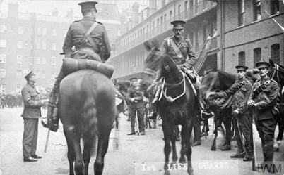 Lieutenant Colonel E B Cook MVO, Officer Commanding The 1St Life Guards, Mounted On His Horse, Preparing To Leave With The Advance Party For France. (IWM Q 71673)
