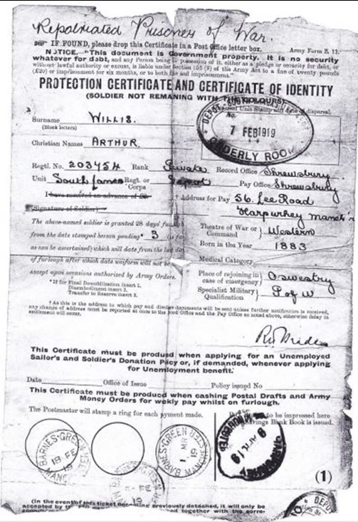 Arthur’S Repatriation Document From 1919