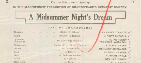 Ad Showing Macalaster's Part In 'A Midsummer Night's Dream' In Sydney