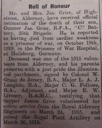 A Roll Of Honour Entry In The Guernsey Evening Press For 22 February 1919 Announced Gunner Grier's Death