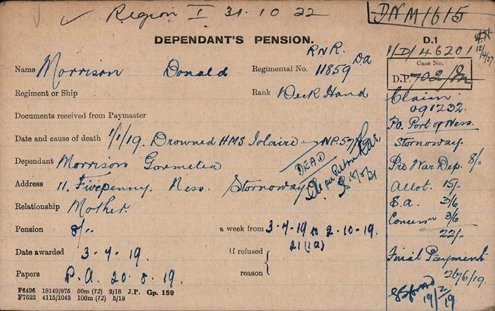 Pension Record Card For Donald Morrison
