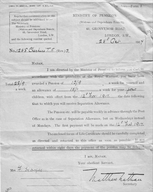 Award Of Pension, Ministry Of Pensions, 26Th October 1917