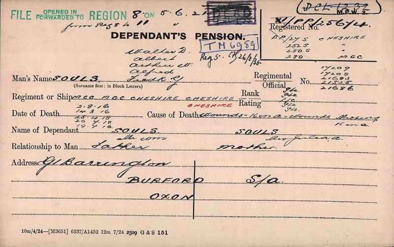 Souls Brothers Pension Record Card