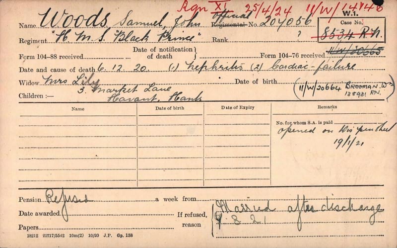 Pension Card For Samuel John Woods