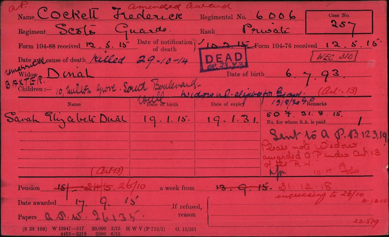 Pension Card Fred Cockett