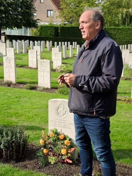 The author speaking at Charles’s graveside, Essex Farm CWGC Cemetery, September 2022 (Photo: Stephen Mulford).
