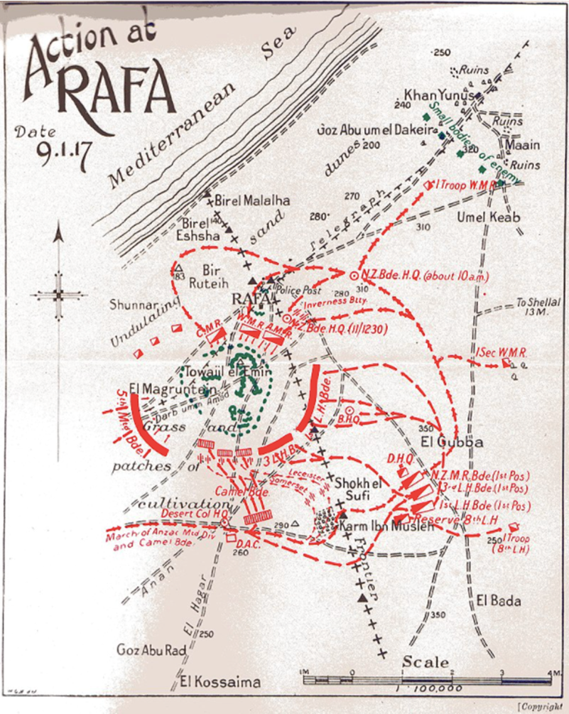 Map Depicting The Battle Of Rafa. Powles, C. Guy (1922). The New Zealanders In Sinai And Palestine Volume III Official History New Zealand's Effort In The Great War