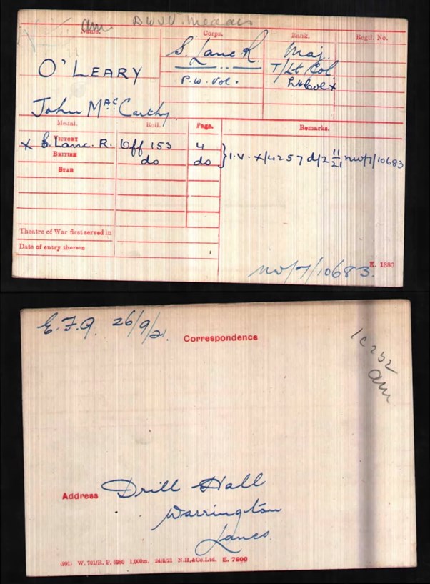 Maccarthy O’Leary's Medal Index Card