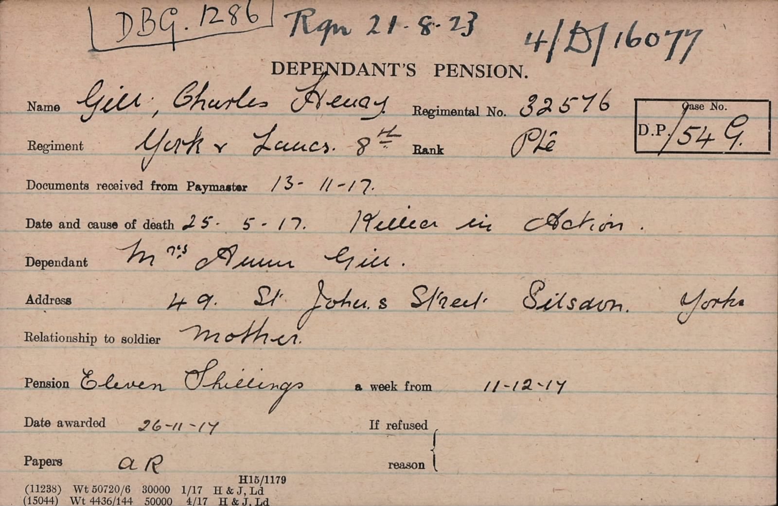 Charles Gill Pension Card