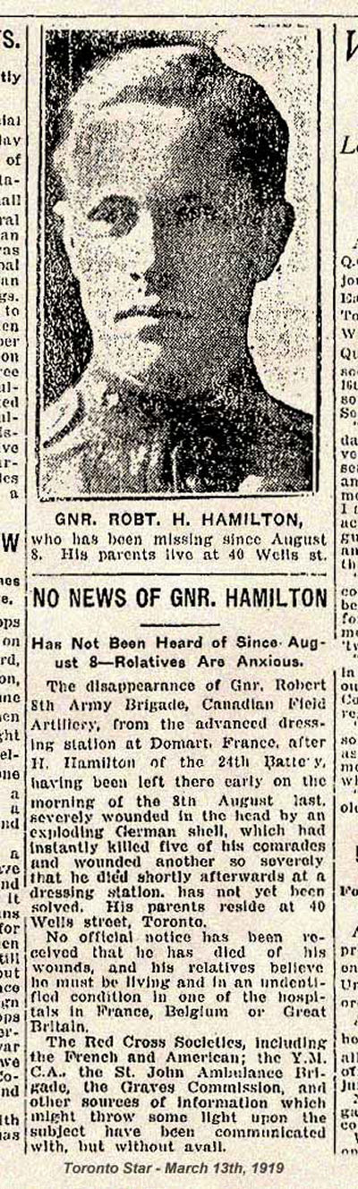 A newspaper report on Gunner Hamilton’s disappearance in the Toronto Star, March 1919