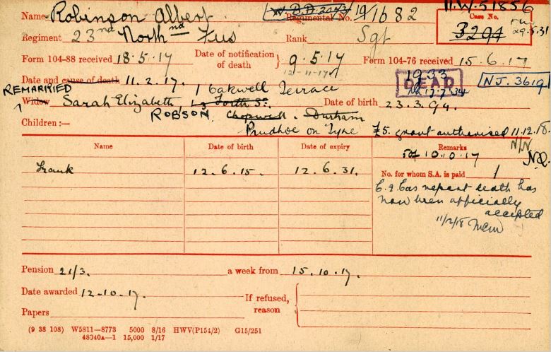 Sergeant Albert Robinson's Pension Record Card