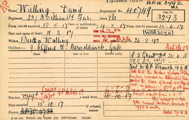 The Pension Card For David Walling.