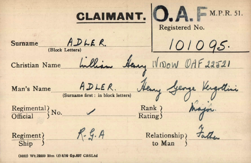 Pension Card For Major Henry Adler