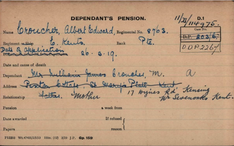 Albert Croucher Pension Card