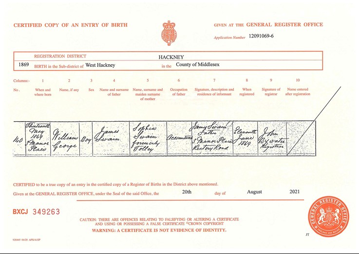 William George Swain's Birth Certificate