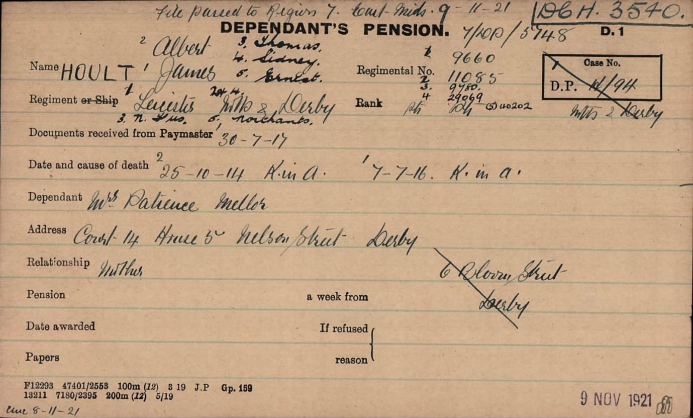 A Pension Card Shows Patience’S 1911 Address Of 6 Bloom Street, Now Altered To Nelson Street.