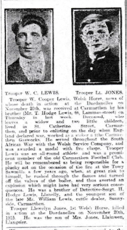 Carmarthen Journal Report On The Deaths Of WC Lewis And Llewellyn Jones