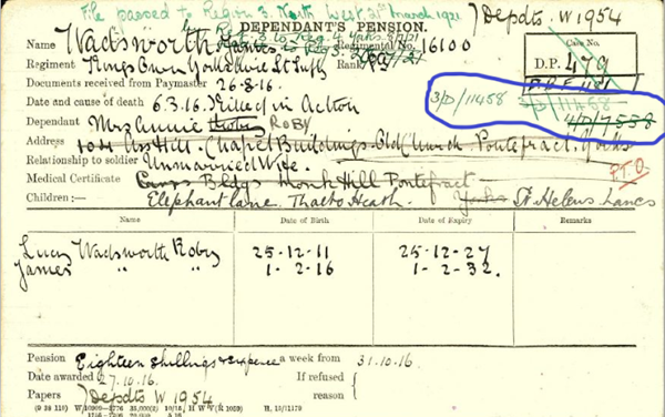 James Wadsworth Pension Record Card