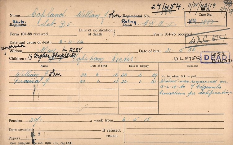 Pension Record Card Of William John Copland, With Brother Named