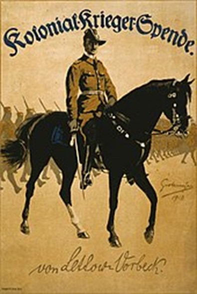 Great War poster of Lettow-Vorbeck leading African soldiers.