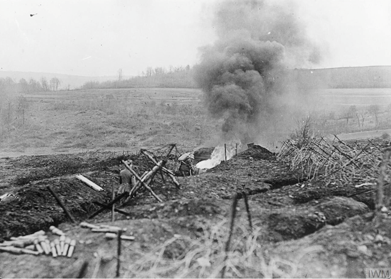 A German Soldier Practises Clearing A Trench With A Flamethrower During A Training Session Near Sedan In May 1917