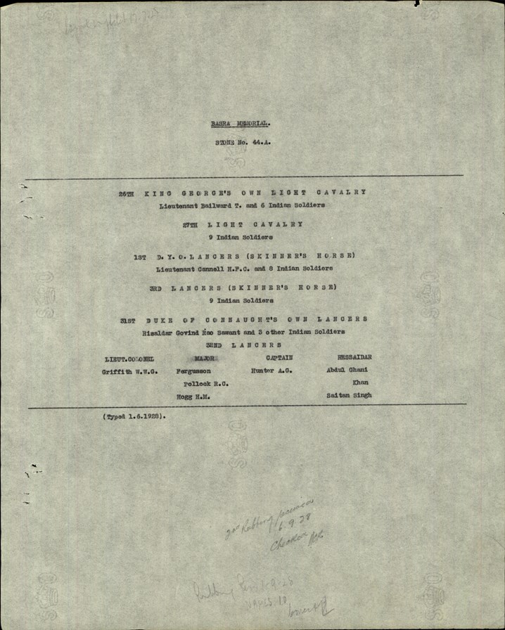 The Layout Of The Panel On The Basra Memorial Showing Bailward (26Th King George’S Own Light Cavalry). Image Courtesy Of CWGC