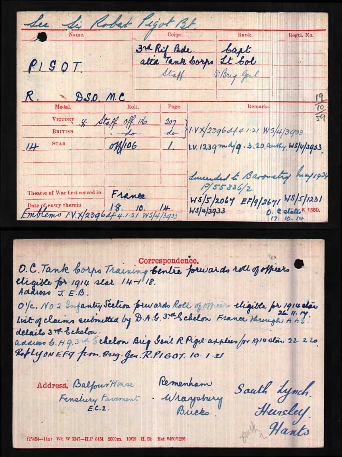Robert Pigot. Medal Index Card