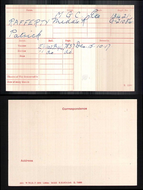 Medal Index Card Of Patrick Rafferty