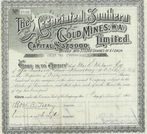 Associated Southern Gold Mines, (W.A.) Ltd was one of the many Bottomley companies which he used to fleece unsuspecting investors. It had an authorised capital of £375,000