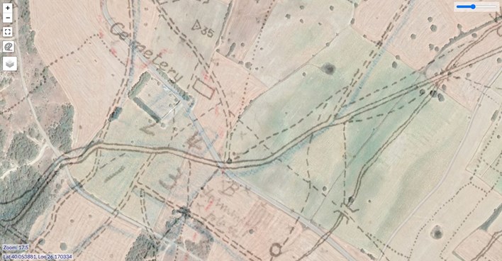 Lancashire Landing Cemetery Is Shown In This Screenshot. The Map And The Terrain Are Blended To Show The Accuracy (Or Otherwise) Of The Maps The British Used In This Campaign.
