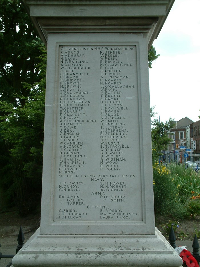 Sheerness War Memorial Also Commemorates The 76 Local Dockyard Workers Killed On The Princess Irene.