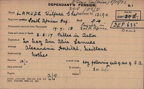 Wilfred Lamude Pension Record Card