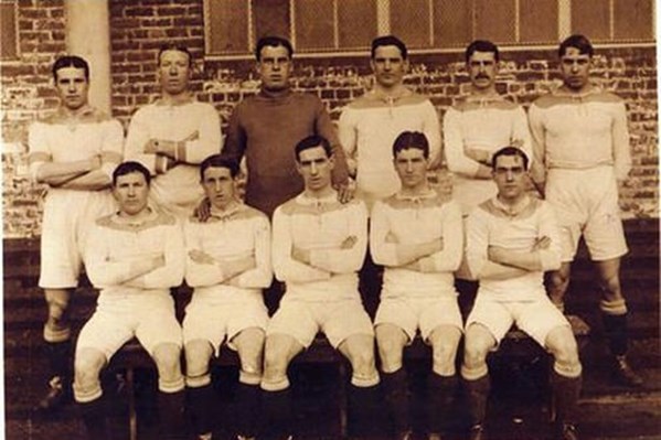 Huddersfield Town Line Up In Their First Football League Kit Of White Shirts With A Blue Yoke, Part Way Through The 1910 11 Season