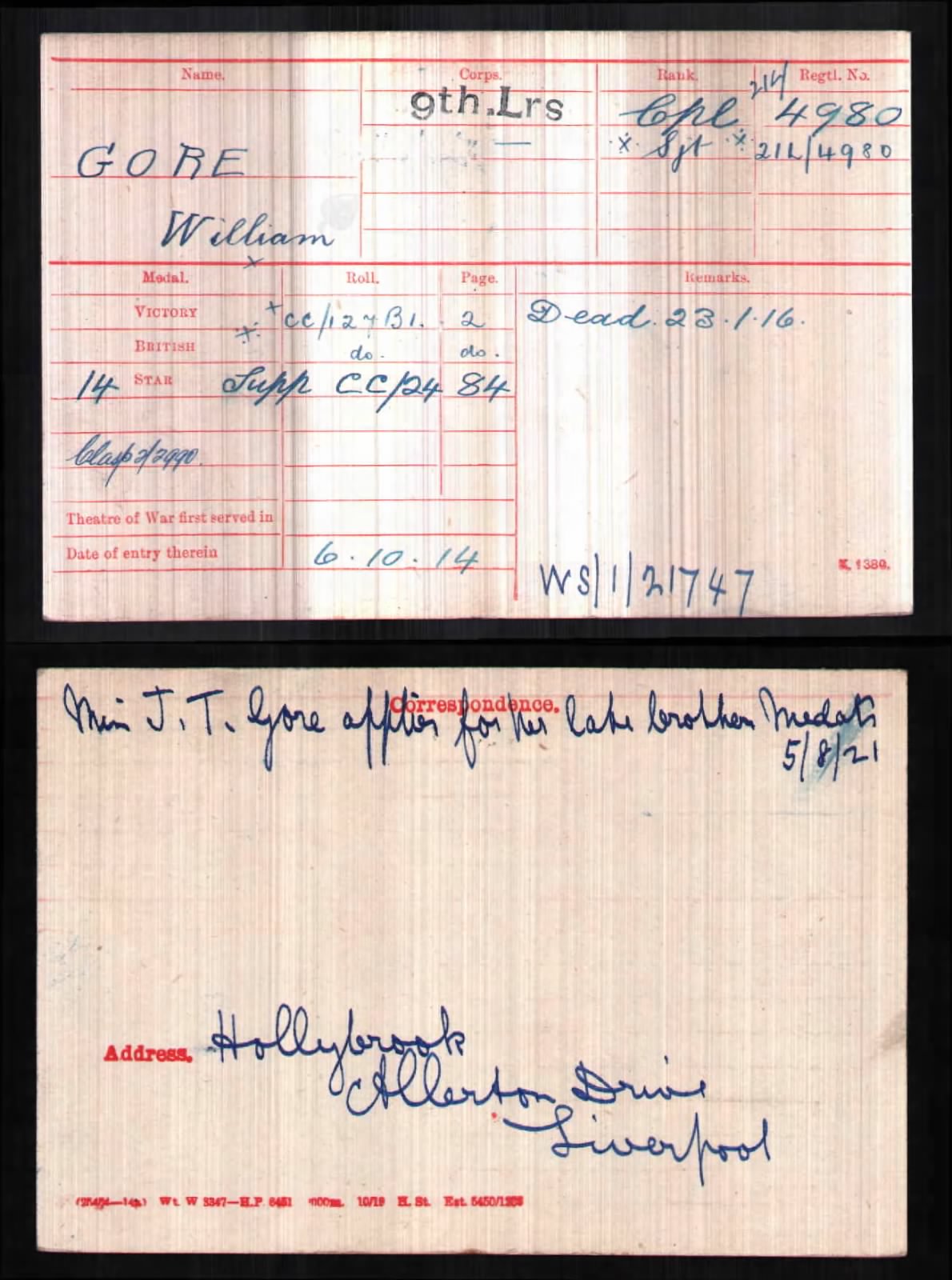 William Gore Medal Card